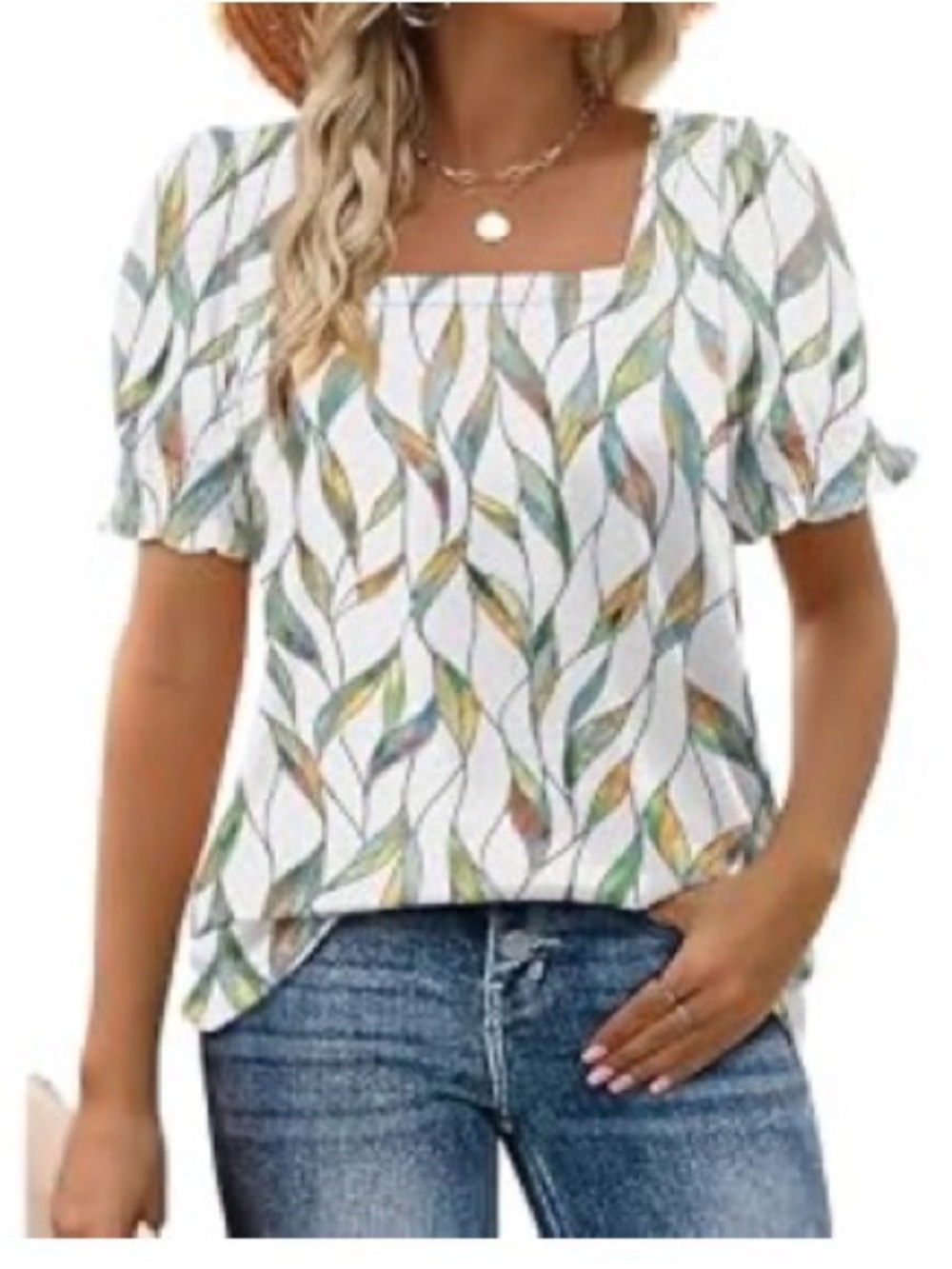 Women's Square Neck Leaf Print Blouse - White/Multicolor